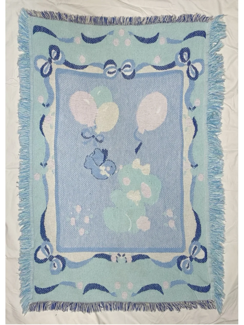 Vtg Baby Blanket Woven Tapestry Bunny Balloons Bird Pastel Cotton Fringe Throw